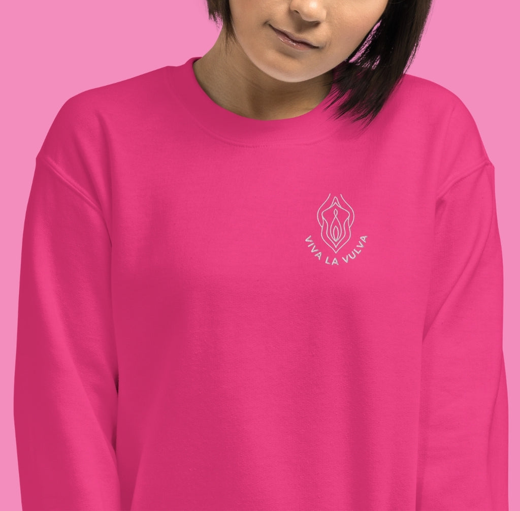 Viva la Vulva Sweatshirt in Schwarz – Vorderansicht, feministischer Pullover, Bling Bling Feministas