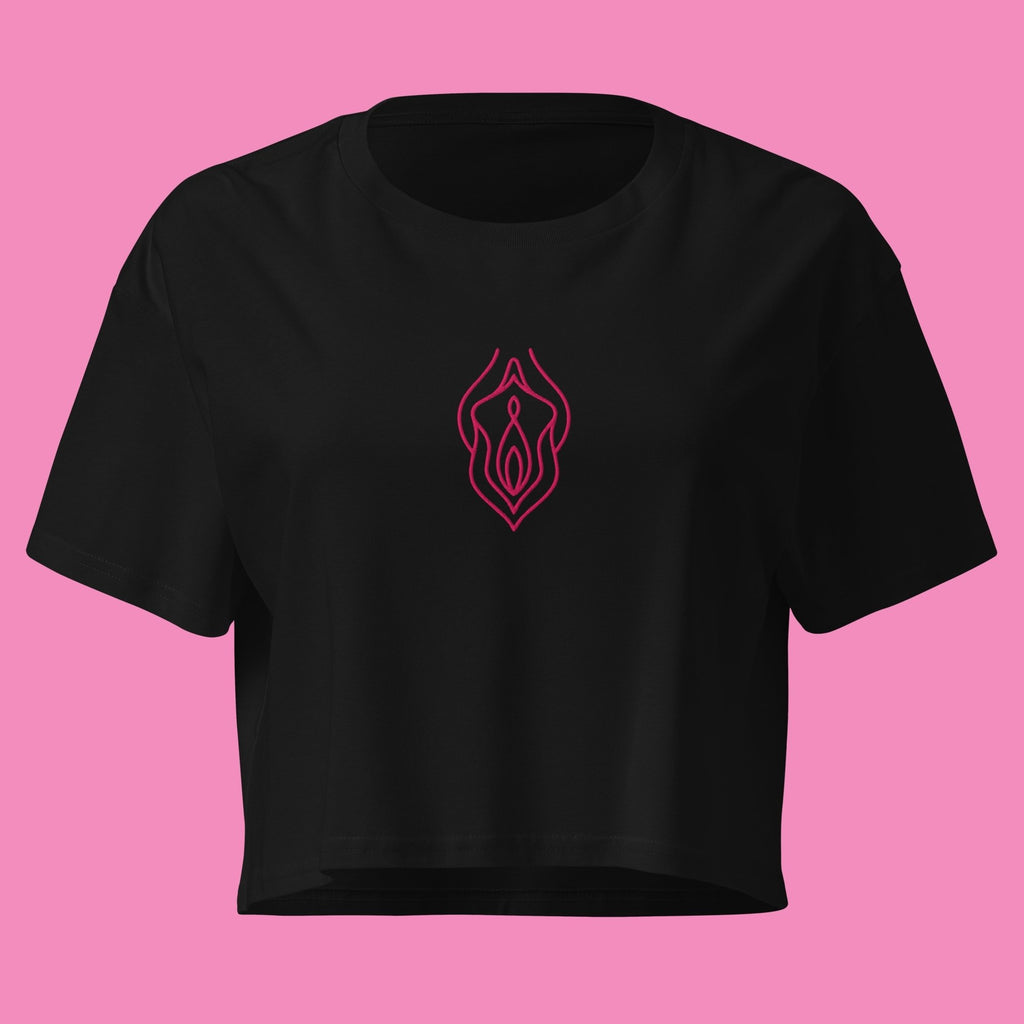 Feministisches Vu*lva Crop Top in Schwarz mit Stickerei – Feminist Streetwear von Bling Bling Feministas