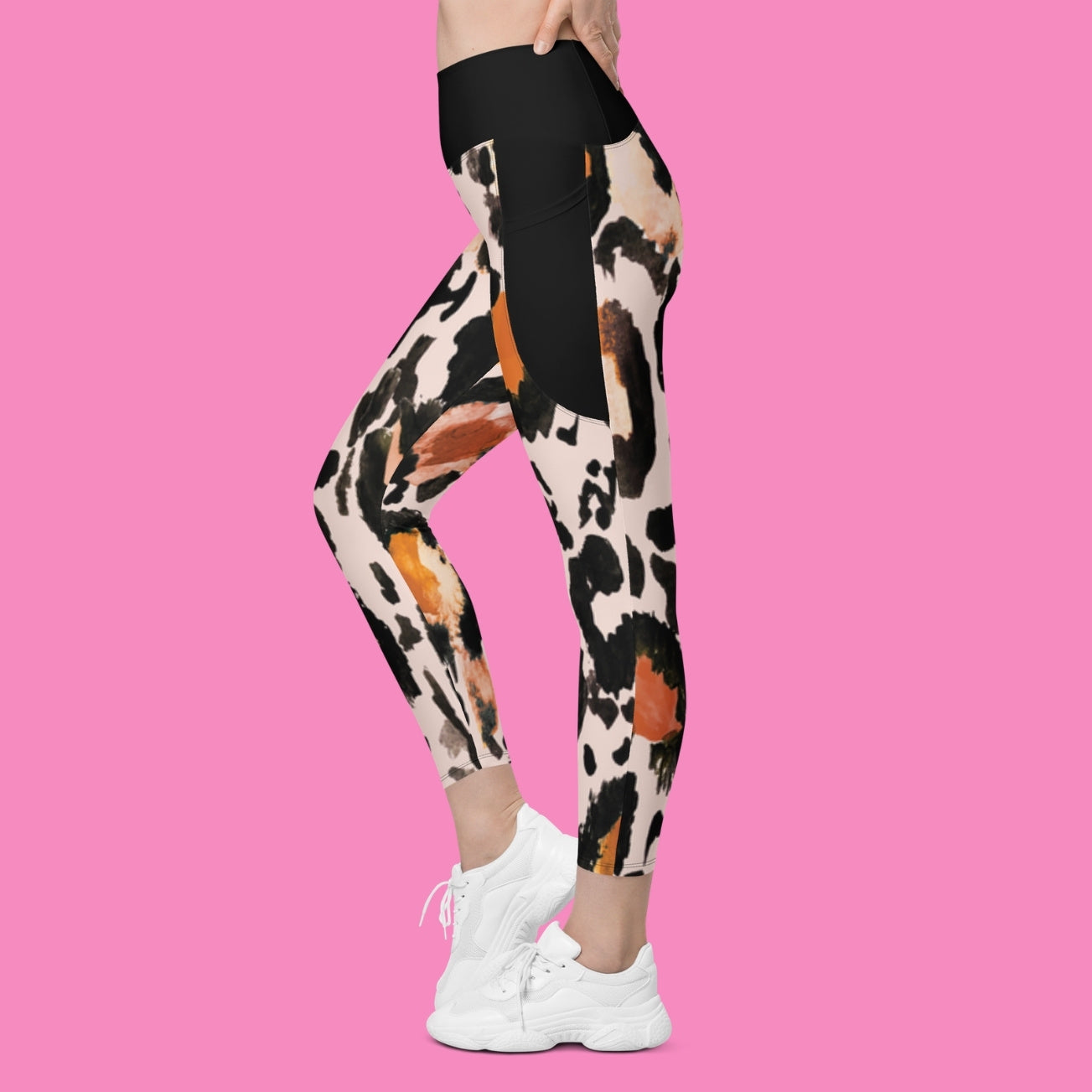 Macker glotz nicht Leggings mit Kuhmuster und Seitentaschen – feministische Recycling-Leggings mit hohem Bund – Bling Bling Feministas