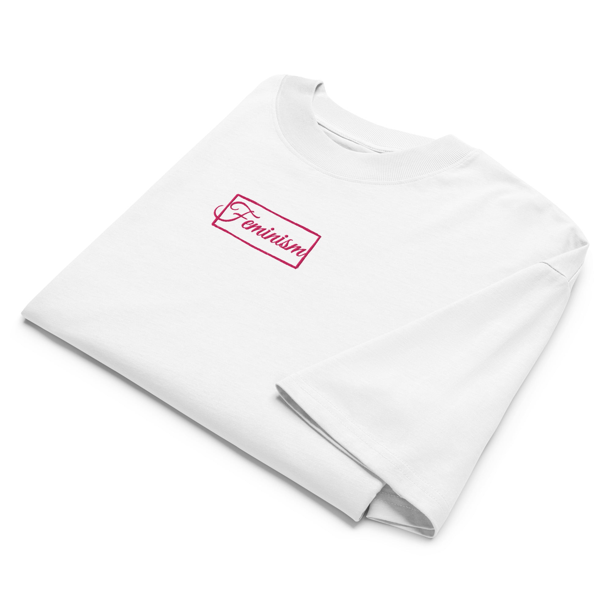 Feminism - bestickt pink - Oversized Unisex Bio-T-Shirt mit breitem Kragen